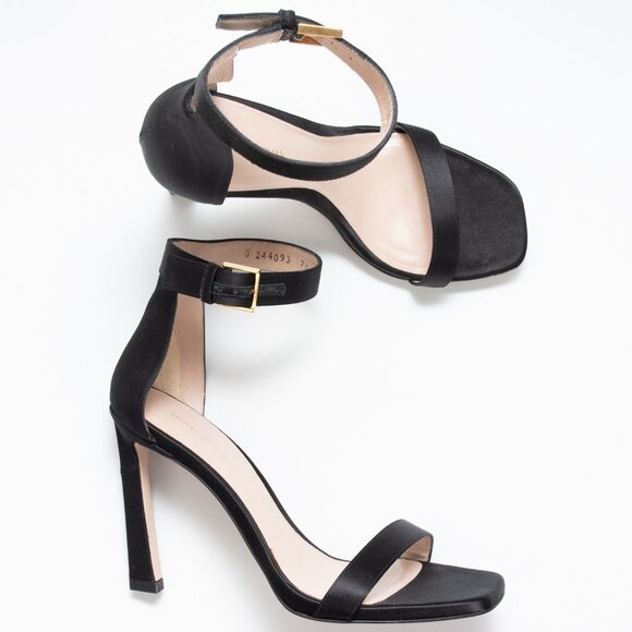 Stuart Weitzman Square Toe Heels Ankle Buckle Sateen Evening Shoes Black 7.5 - Picture 1 of 11